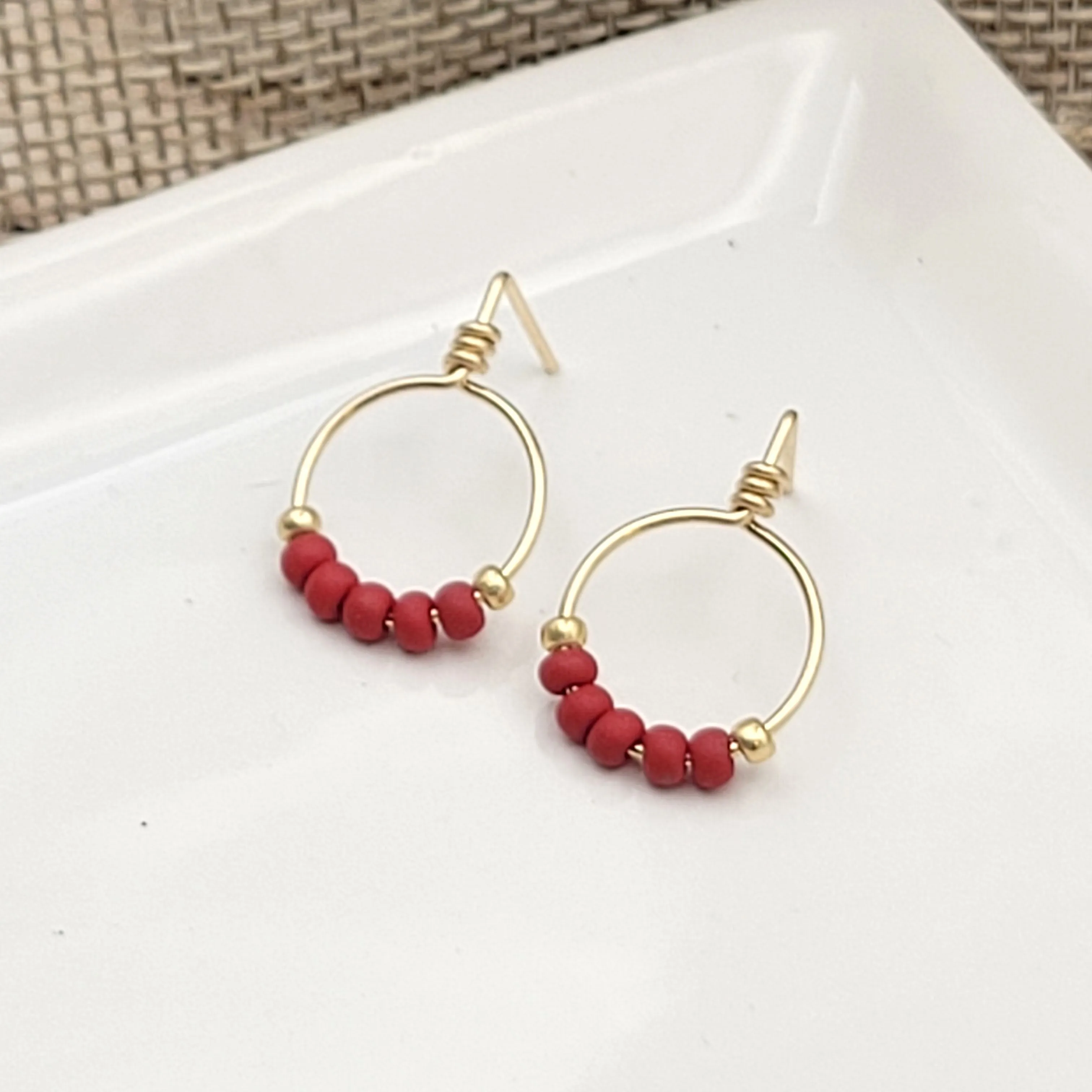 Aiden - Gold & Deep Red Beaded Hoops