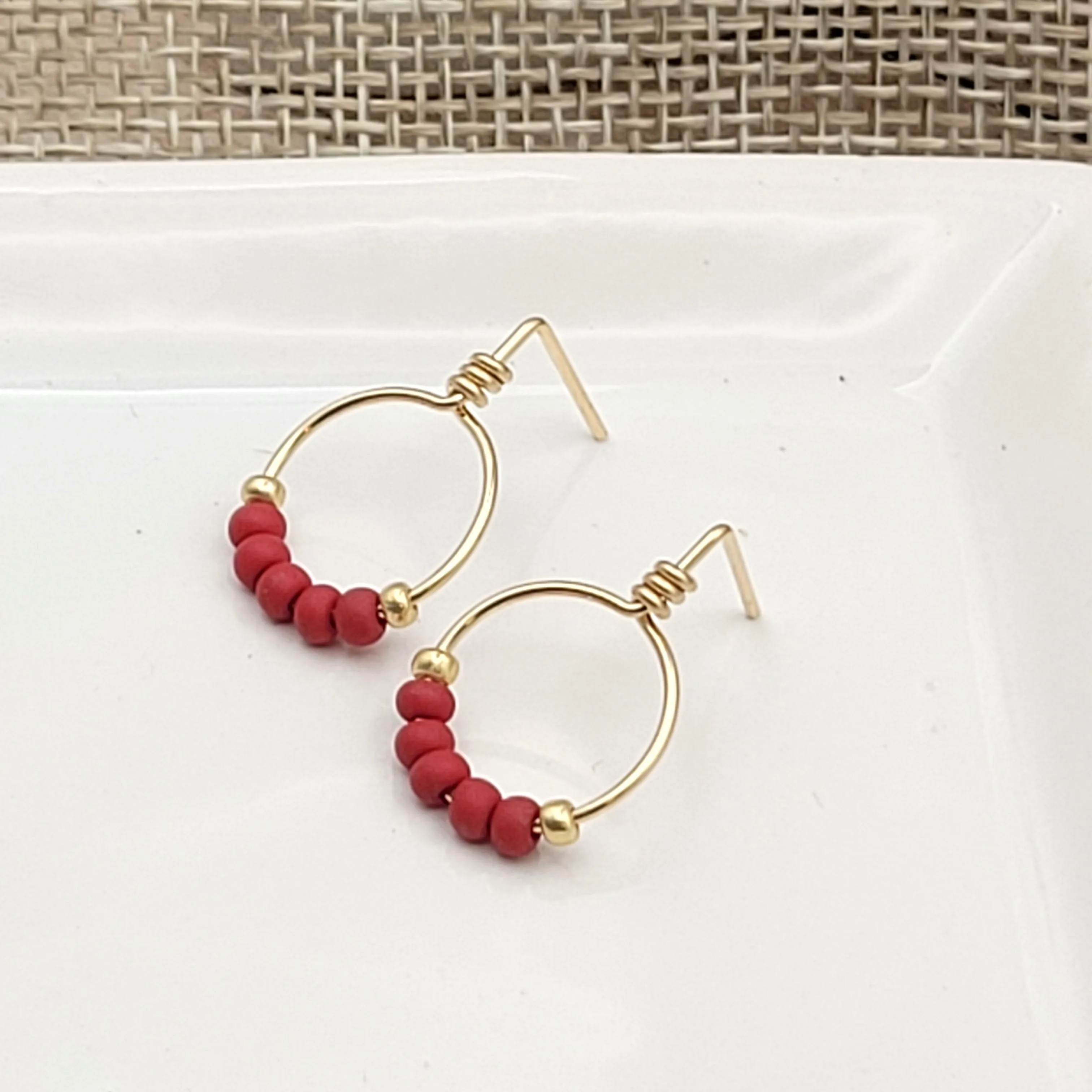Aiden - Gold & Deep Red Beaded Hoops