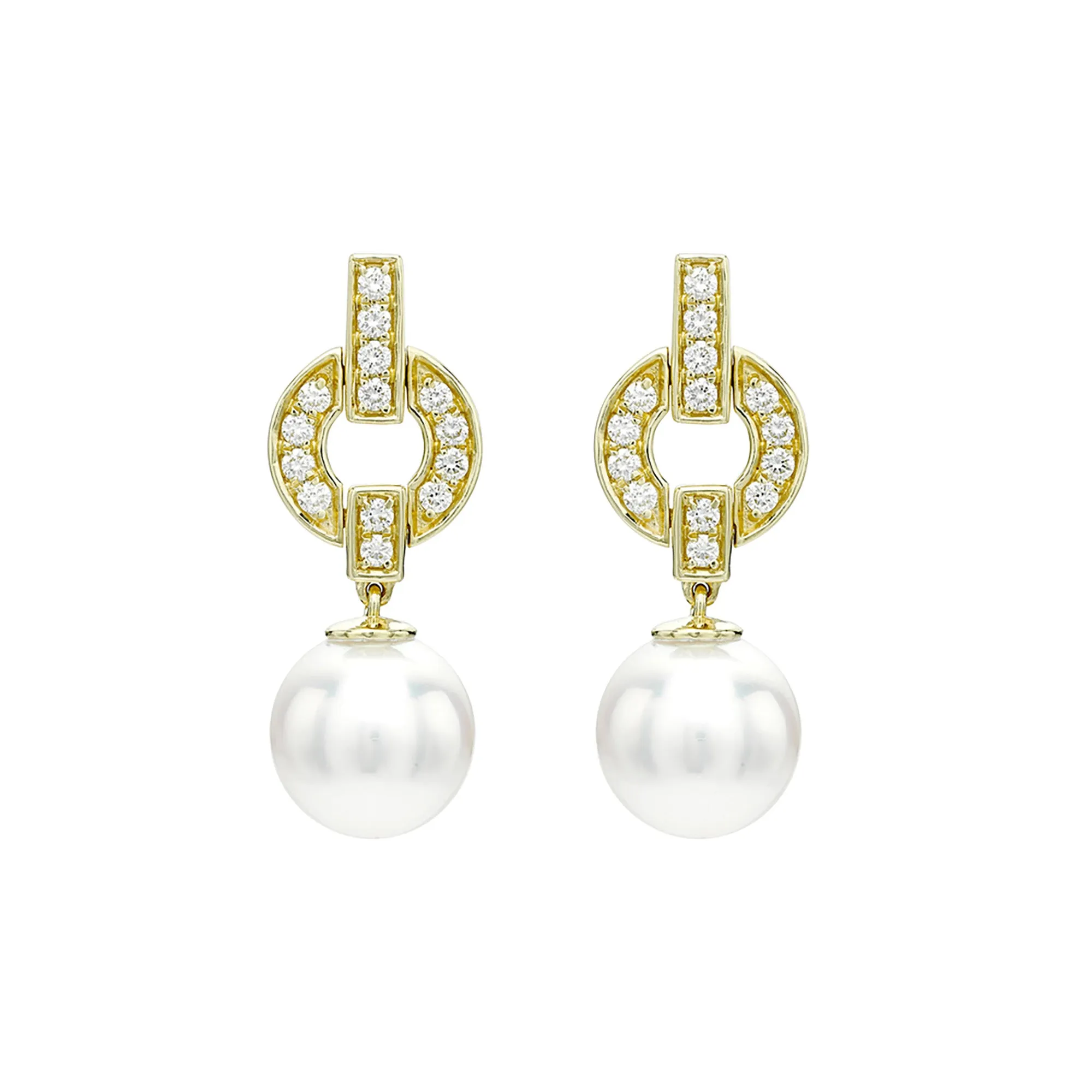 Akoya Pearl and Diamond Drop Earrings in Yellow Gold