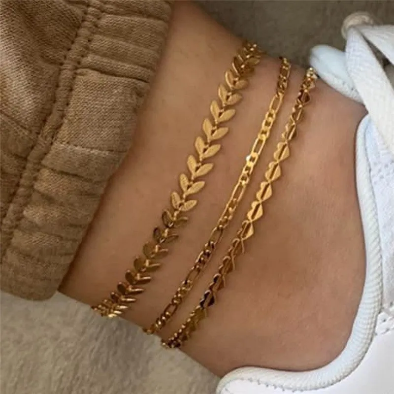 Alloy Metal Leaf Love Simple Personality Anklet Suit Multi-Layer Chain Butterfly Pendant Anklet