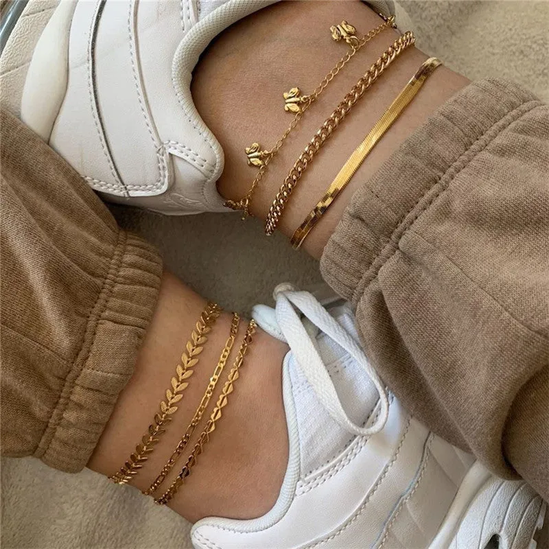 Alloy Metal Leaf Love Simple Personality Anklet Suit Multi-Layer Chain Butterfly Pendant Anklet