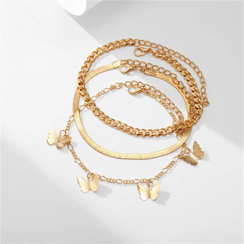 Alloy Metal Leaf Love Simple Personality Anklet Suit Multi-Layer Chain Butterfly Pendant Anklet