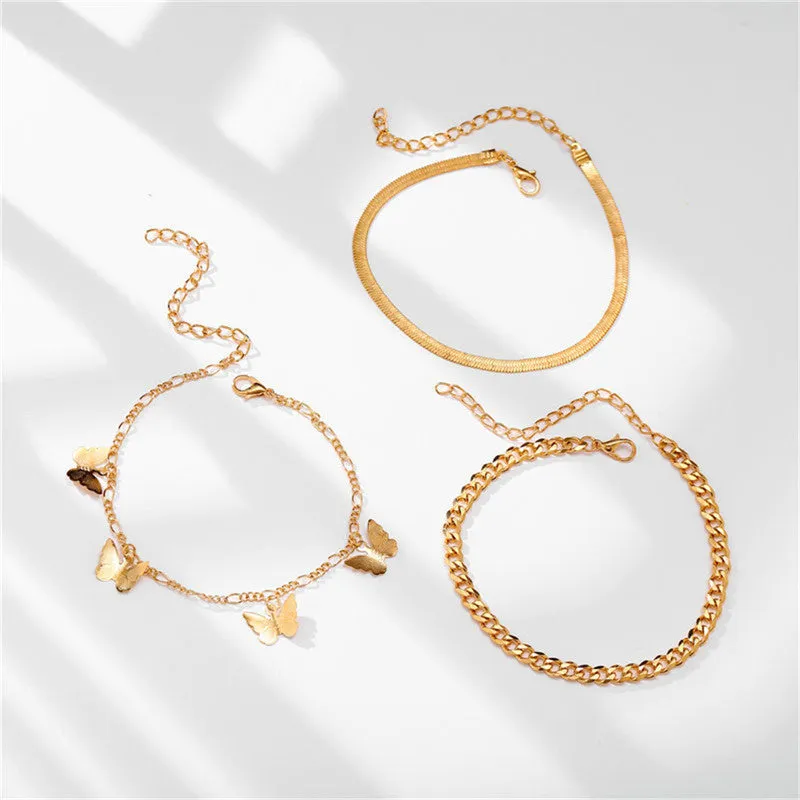Alloy Metal Leaf Love Simple Personality Anklet Suit Multi-Layer Chain Butterfly Pendant Anklet