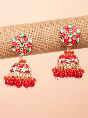 Alluring Red Meenakari Jhumka Earrings with Gold Design for Women and Girls
