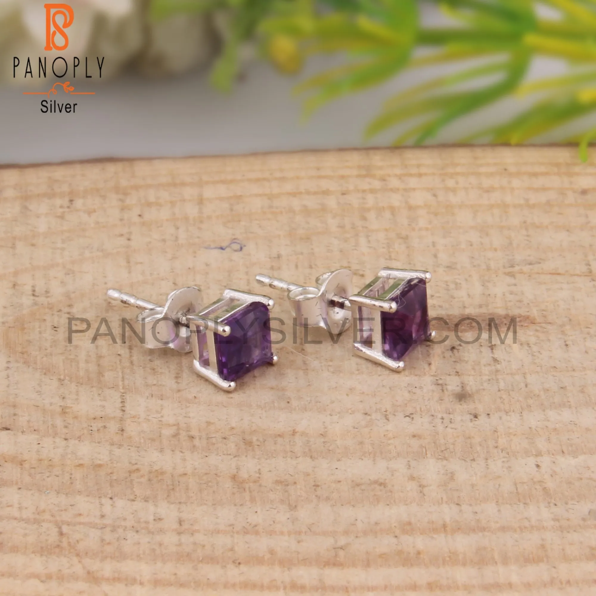 Amethyst Square Shape 925 Silver Studs Stylish Earrings