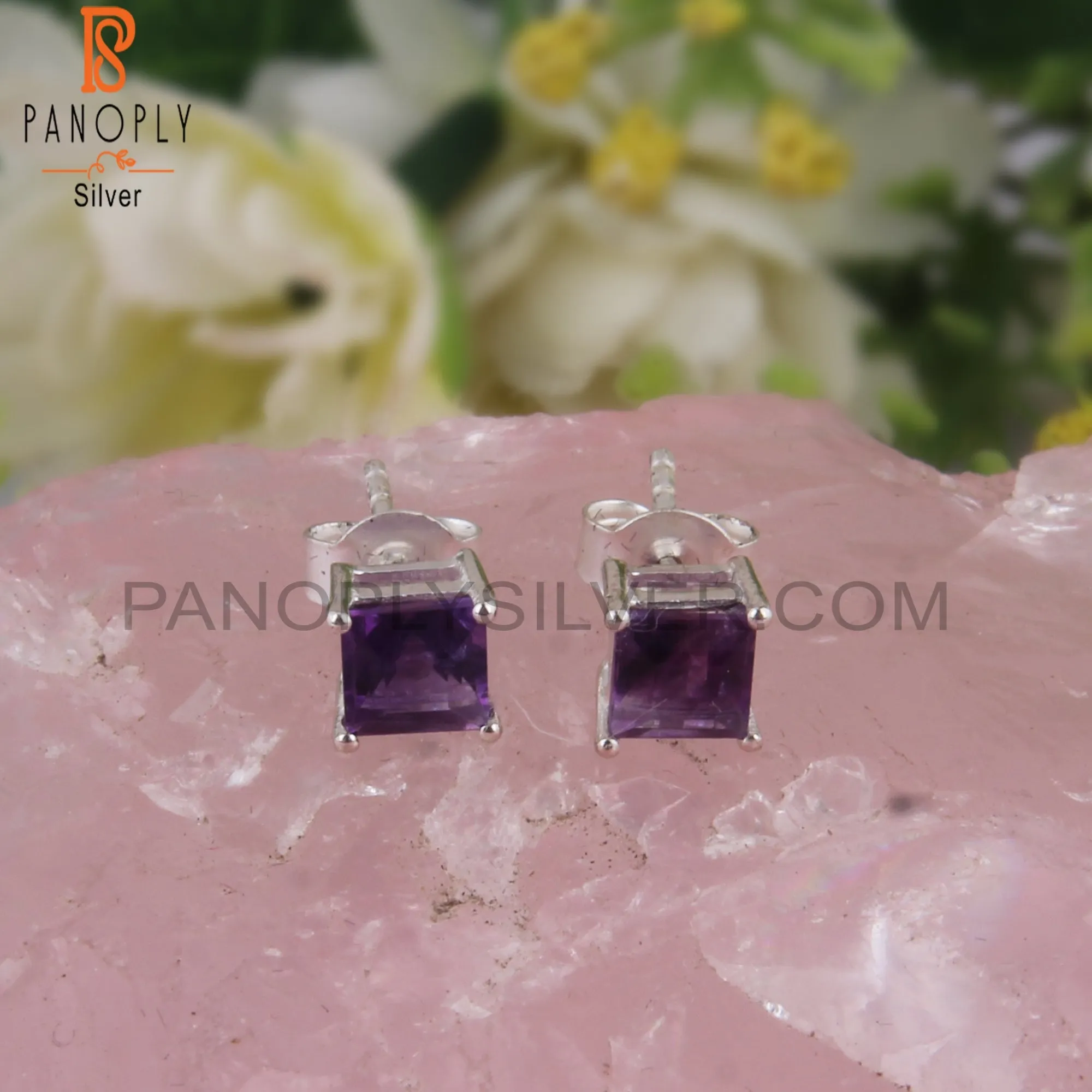 Amethyst Square Shape 925 Silver Studs Stylish Earrings