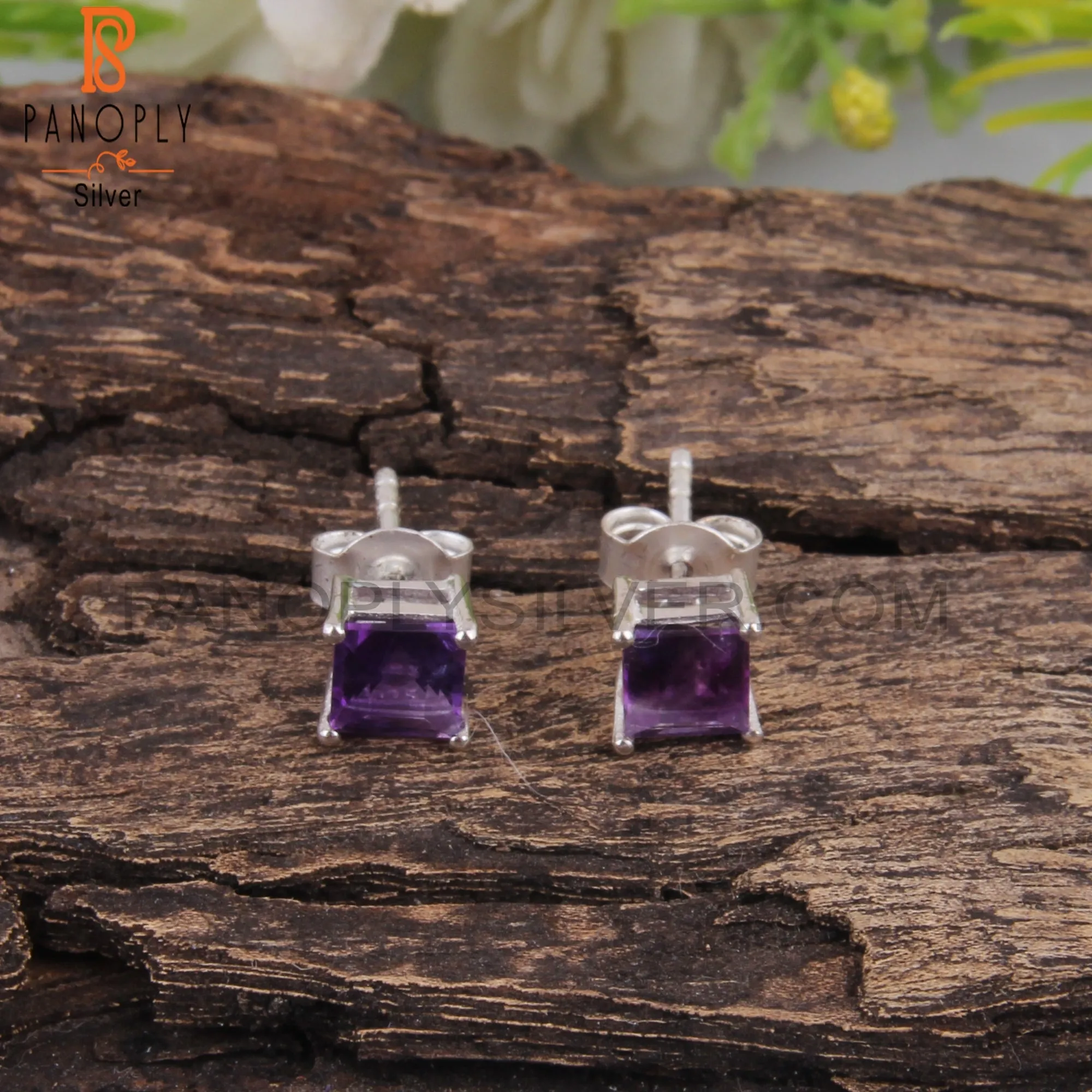 Amethyst Square Shape 925 Silver Studs Stylish Earrings