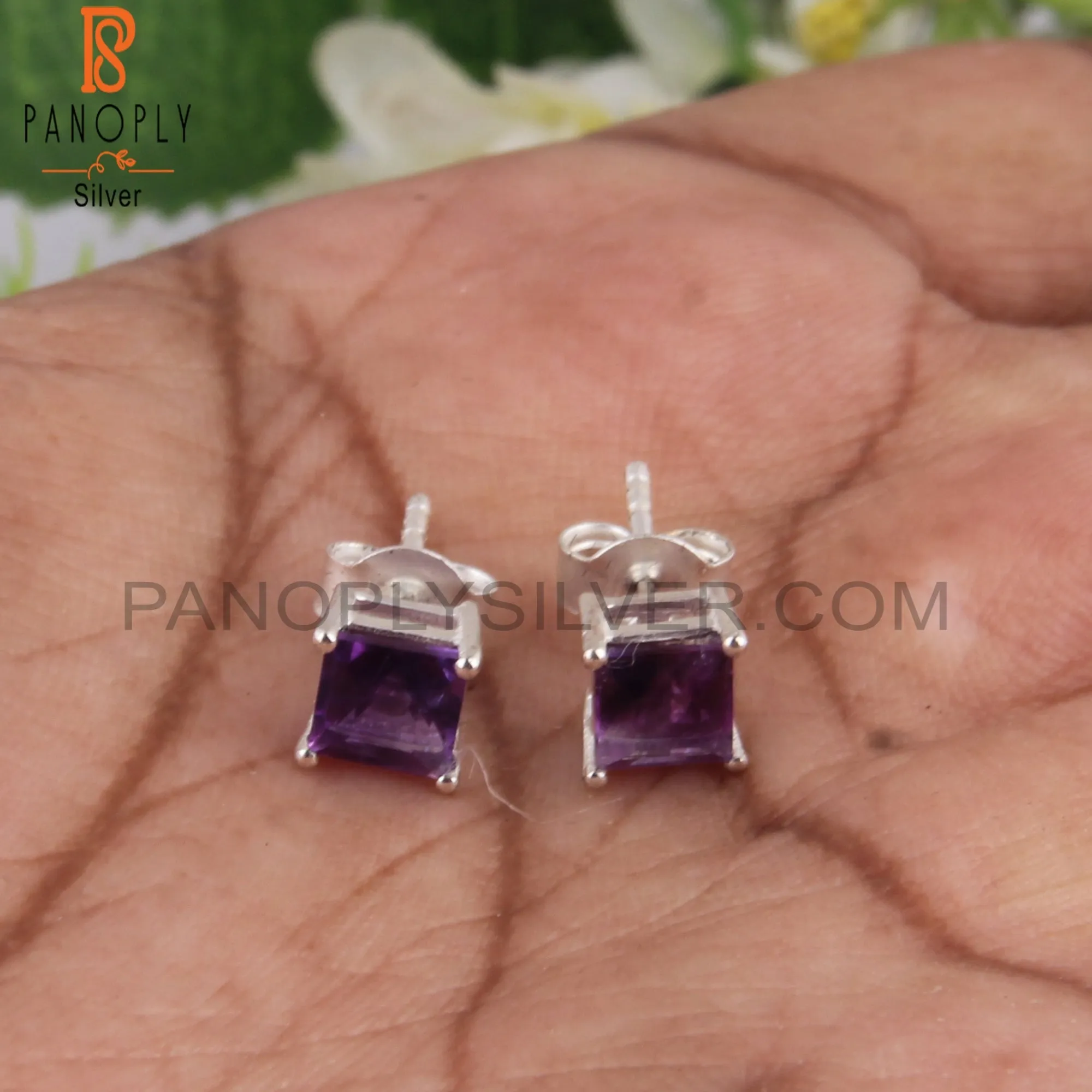 Amethyst Square Shape 925 Silver Studs Stylish Earrings