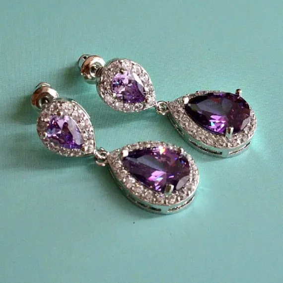 Amethyst Teardrop Bridal Earrings, Purple CZ Wedding Earrings, Lavender Crystal Bridal Earrings, Purple Bridesmaids Earrings
