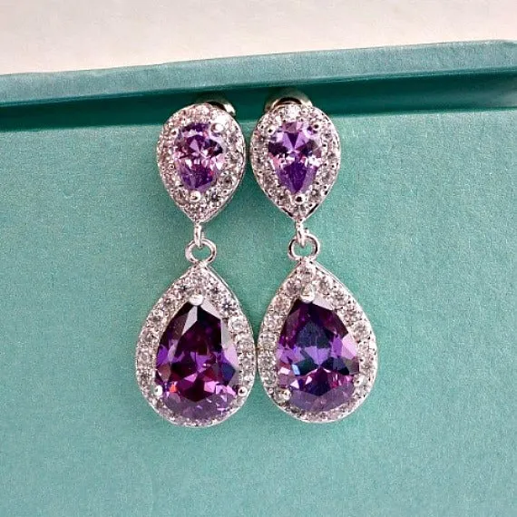 Amethyst Teardrop Bridal Earrings, Purple CZ Wedding Earrings, Lavender Crystal Bridal Earrings, Purple Bridesmaids Earrings