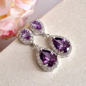 Amethyst Teardrop Bridal Earrings, Purple CZ Wedding Earrings, Lavender Crystal Bridal Earrings, Purple Bridesmaids Earrings