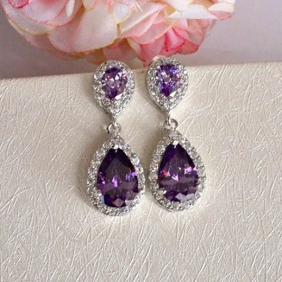 Amethyst Teardrop Bridal Earrings, Purple CZ Wedding Earrings, Lavender Crystal Bridal Earrings, Purple Bridesmaids Earrings