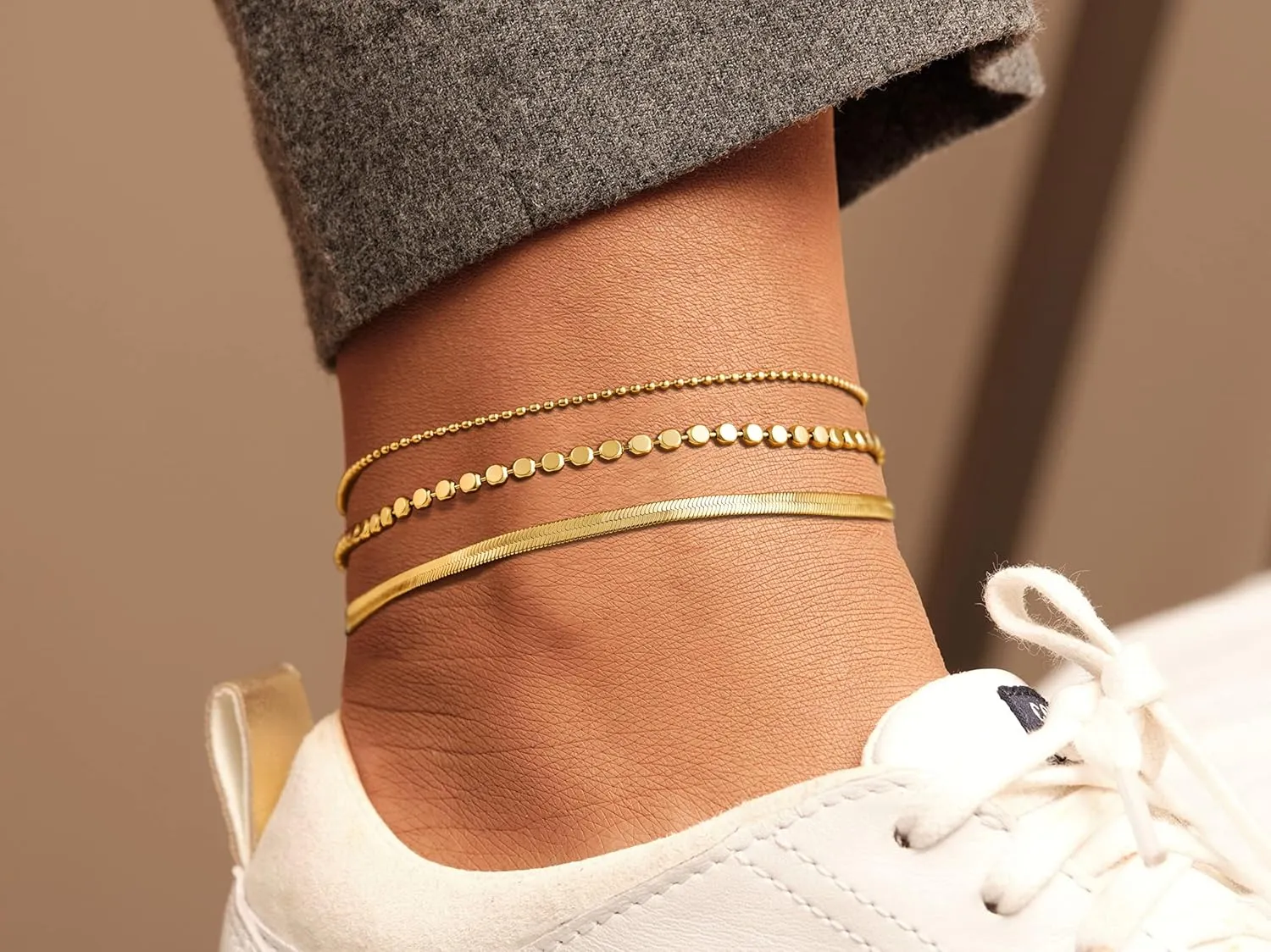 Ankle Bracelets for Women, 14K Gold Anklets for Women Waterproof Layered Ankle Bracelets for Women Teen Girl Herringbone Anklet Set Summer Foot Jewelry Gifts