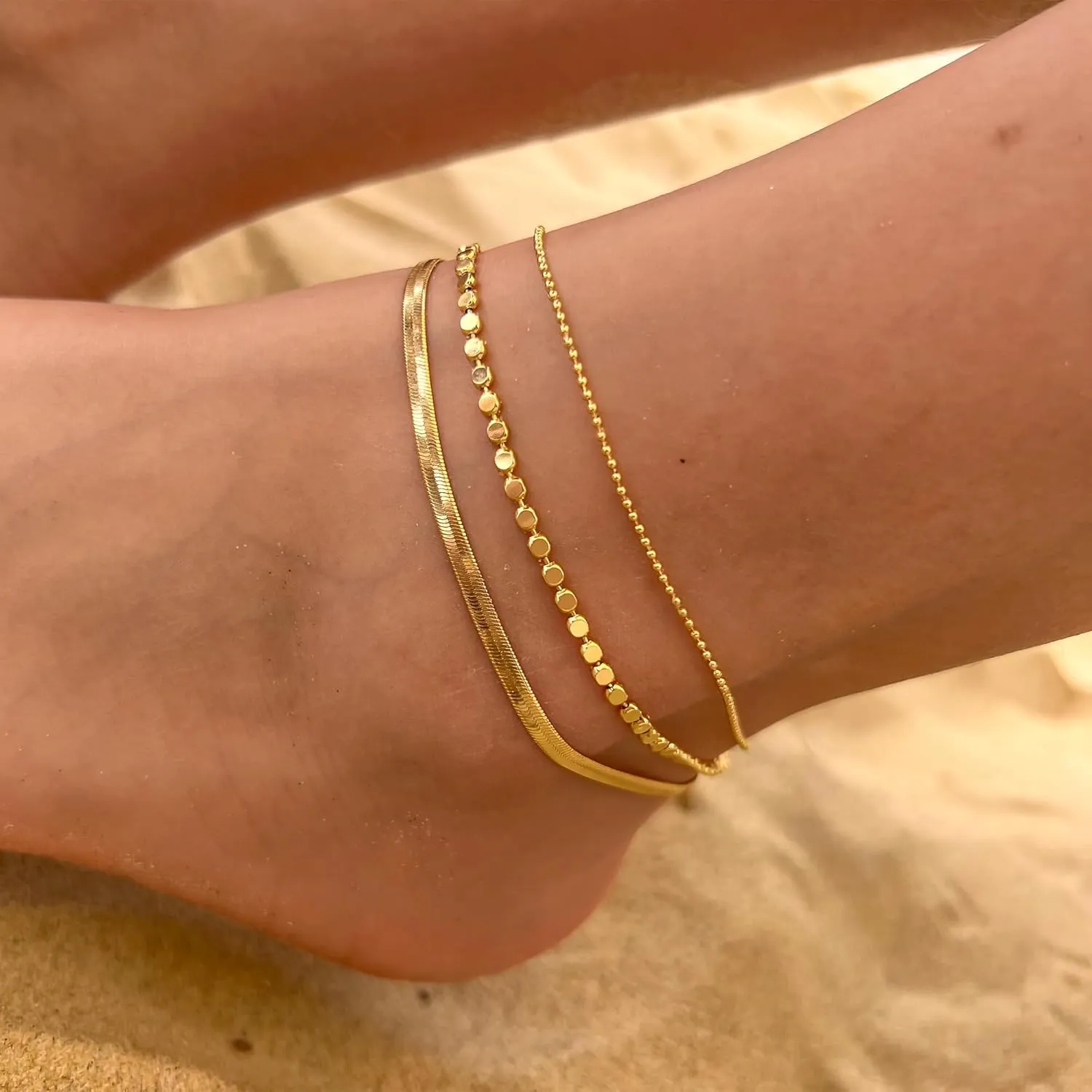 Ankle Bracelets for Women, 14K Gold Anklets for Women Waterproof Layered Ankle Bracelets for Women Teen Girl Herringbone Anklet Set Summer Foot Jewelry Gifts