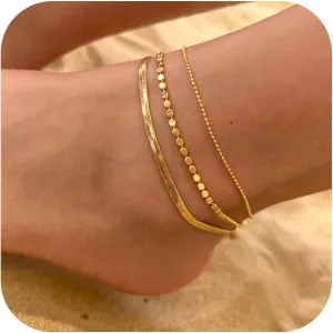 Ankle Bracelets for Women, 14K Gold Anklets for Women Waterproof Layered Ankle Bracelets for Women Teen Girl Herringbone Anklet Set Summer Foot Jewelry Gifts