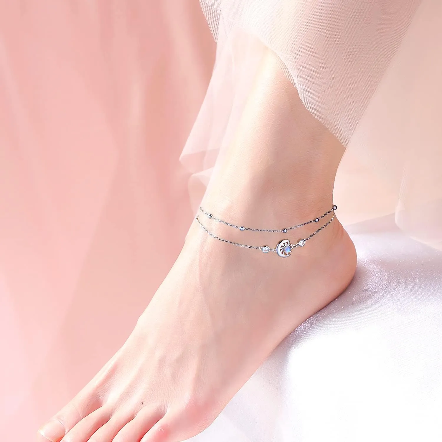 Anklets for Women 925 Sterling Silver Charm Layered Simulated Opal/Moonstone/Daisy/Infinity Summer Beach Ankle Bracelet Foot Chain Jewelry Birthday Valentine's Day Mother's Day Gift