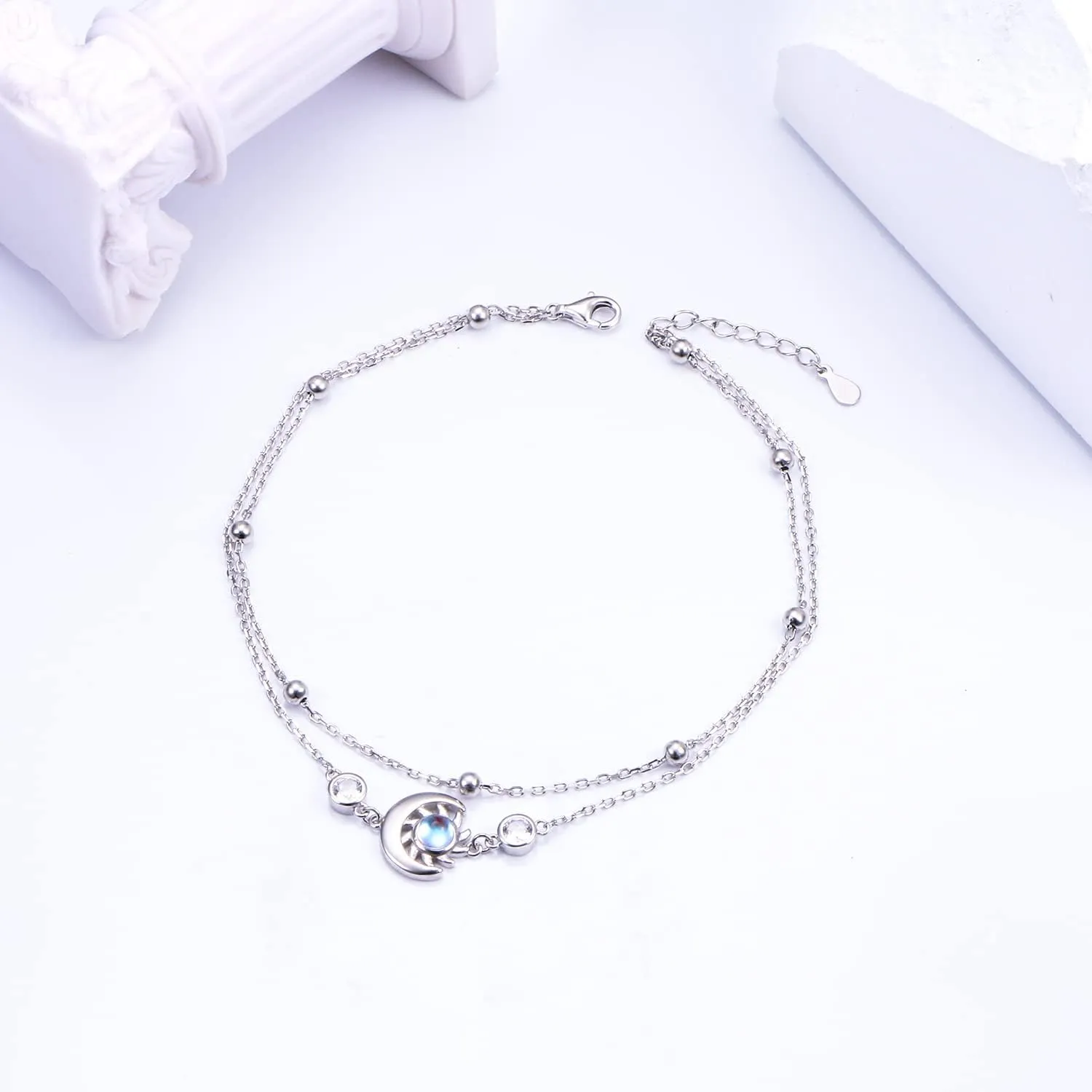 Anklets for Women 925 Sterling Silver Charm Layered Simulated Opal/Moonstone/Daisy/Infinity Summer Beach Ankle Bracelet Foot Chain Jewelry Birthday Valentine's Day Mother's Day Gift