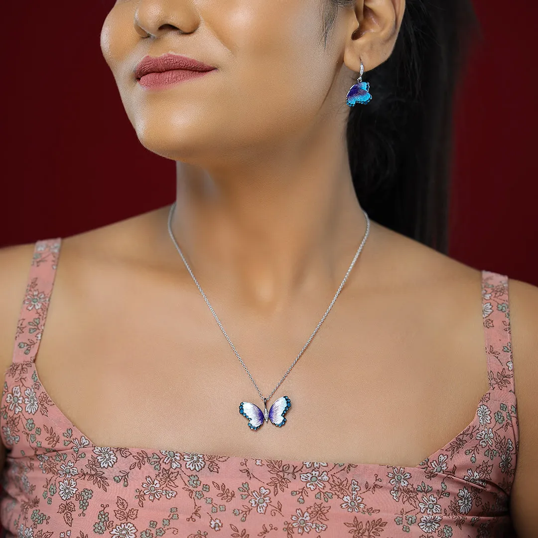 Aqua Blue Butterfly Rhodium Plated Chain Pendants