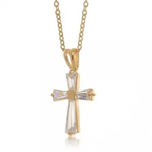 Baguette Cubic Zirconia CZ Cross Communion Pendant Gold Plated