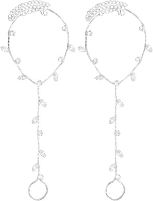 Beebeecraft 1 Box 2Pcs Silver Barefoot Chain Cubic Zirconia Shiny Leaf Charm Adjustable Layered Sandals Anklet for Jewelry Wedding Party Women Summer Beach