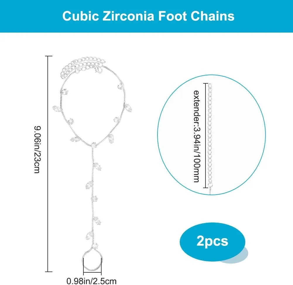 Beebeecraft 1 Box 2Pcs Silver Barefoot Chain Cubic Zirconia Shiny Leaf Charm Adjustable Layered Sandals Anklet for Jewelry Wedding Party Women Summer Beach