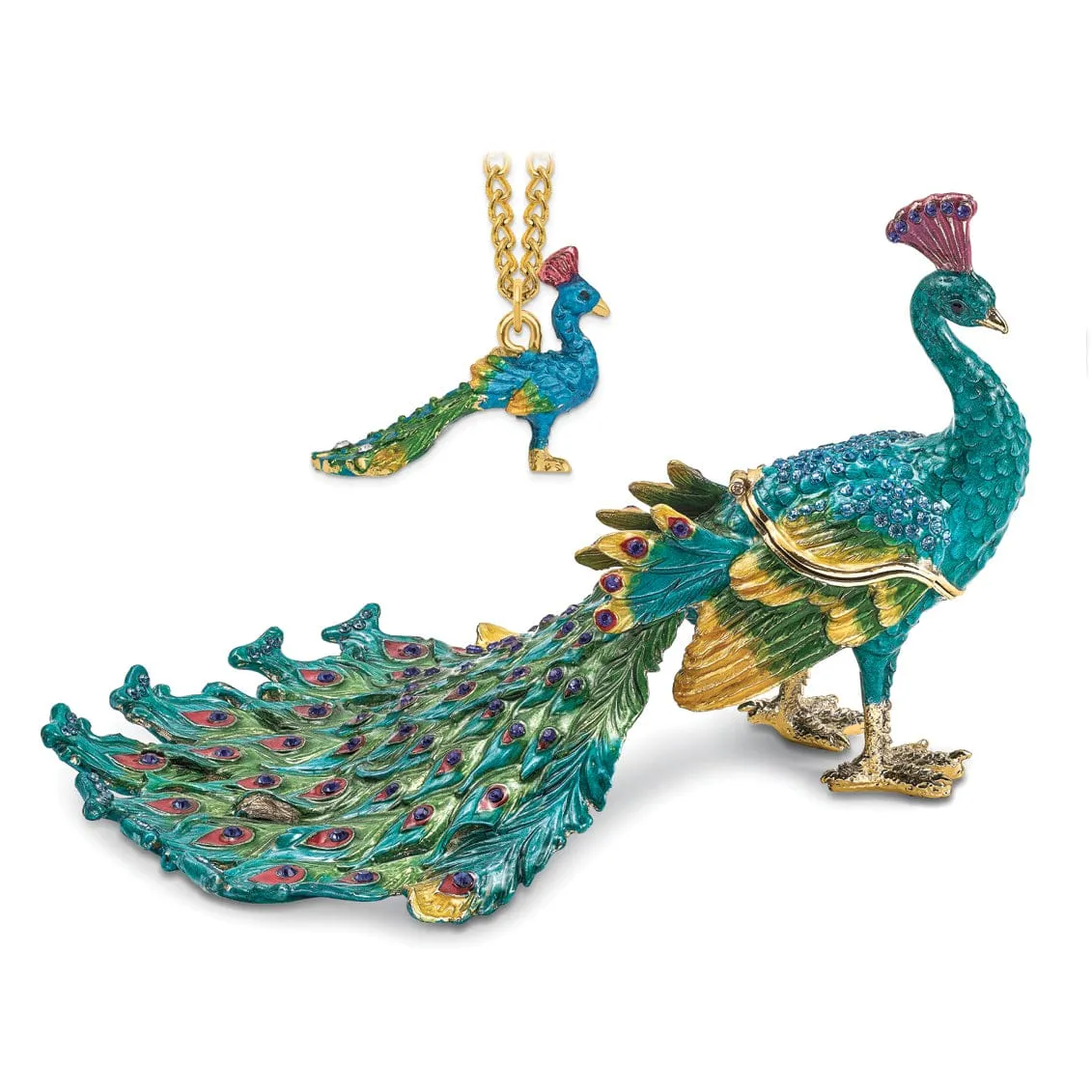 Bejeweled Pewter Multi Color Enamel TAYLOR Blue Peacock Trinket Box