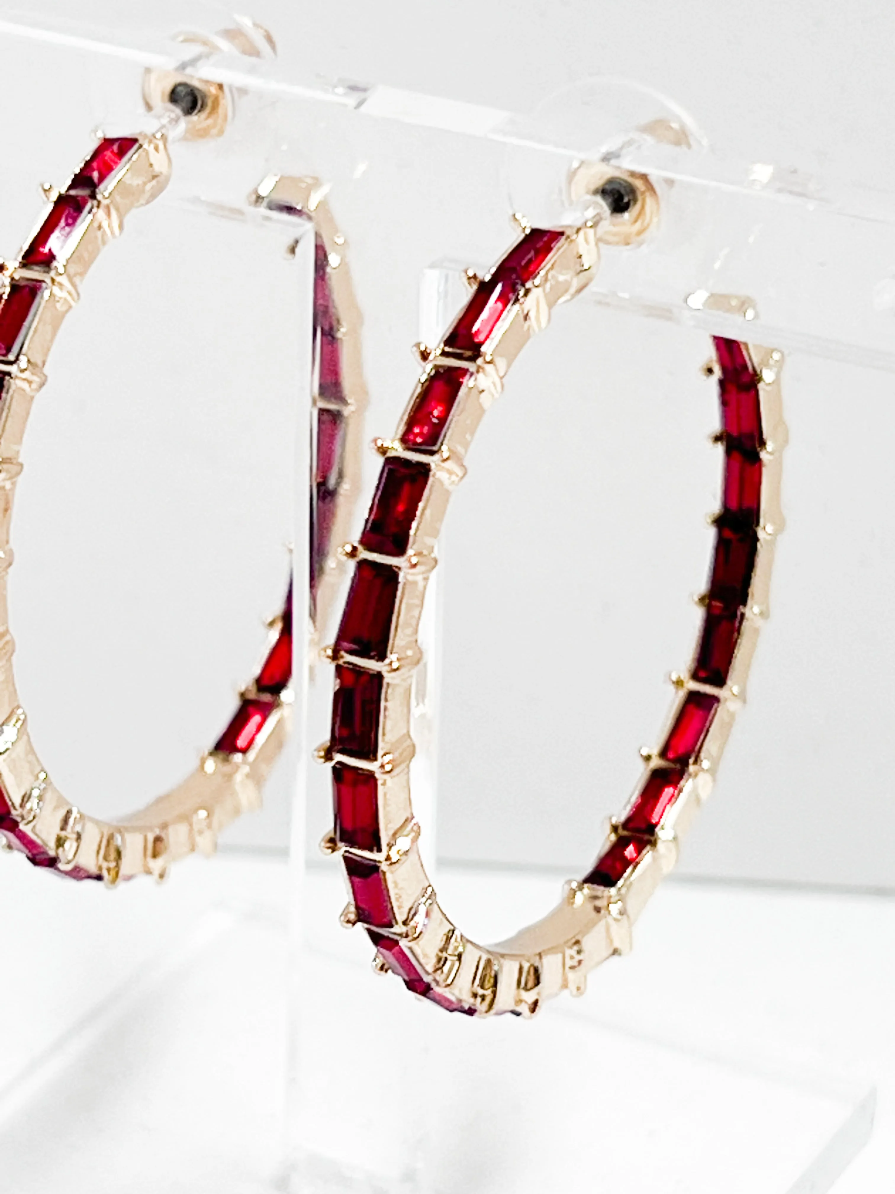 Blair - Baguette Rhinestone Hoop Earrings (Red)