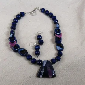 Blue & Purple Handmade Kazuri Bead Necklace & Earrings