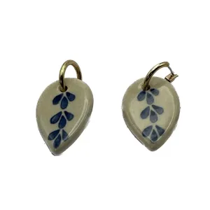 Blue Delft Ceramic Leaf Dangle Gold Earrings