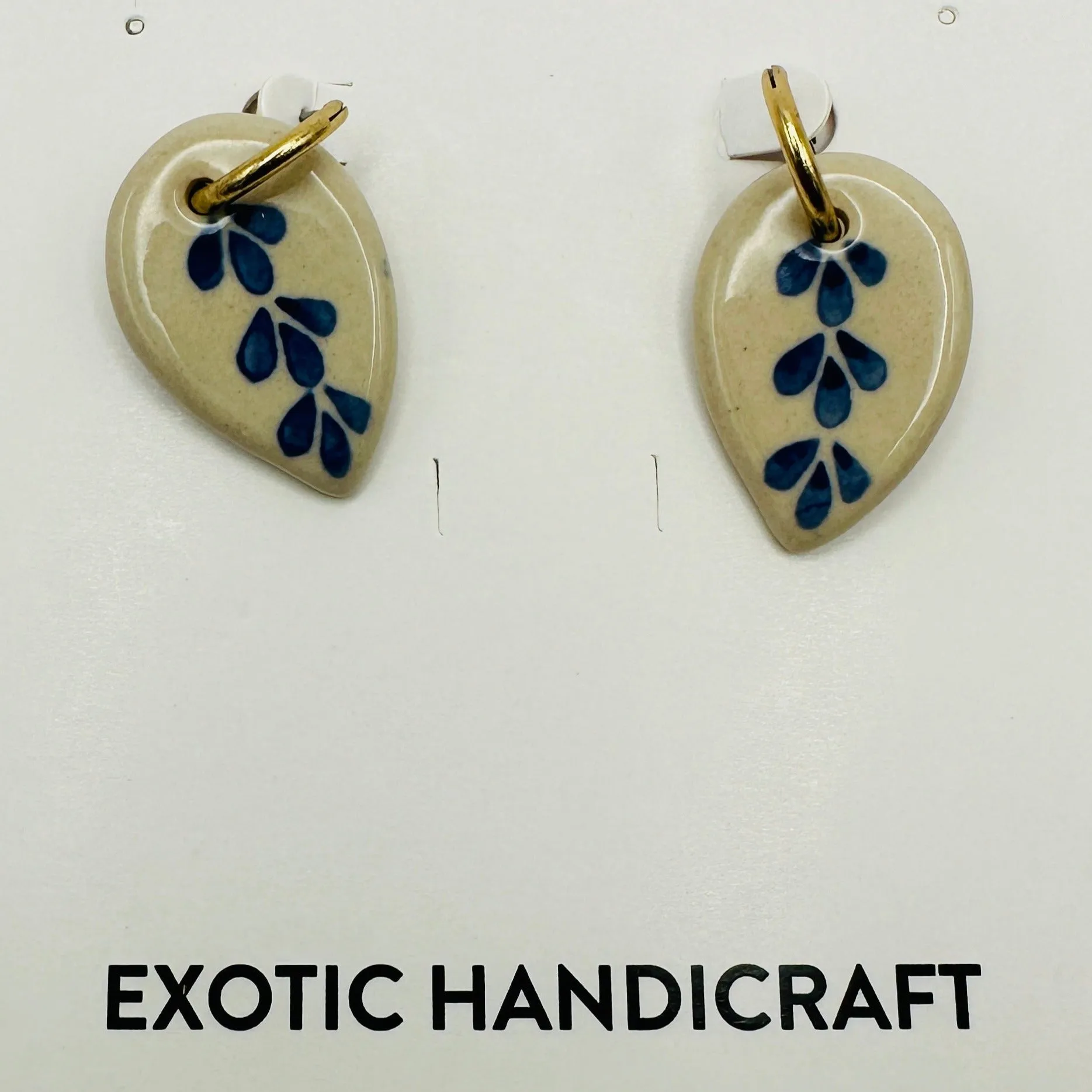 Blue Delft Ceramic Leaf Dangle Gold Earrings