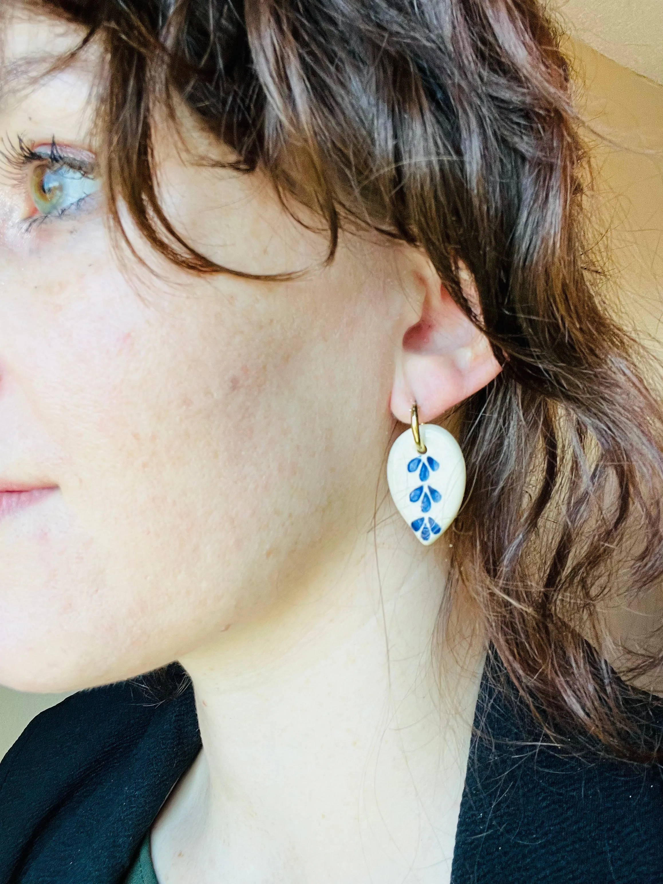 Blue Delft Ceramic Leaf Dangle Gold Earrings