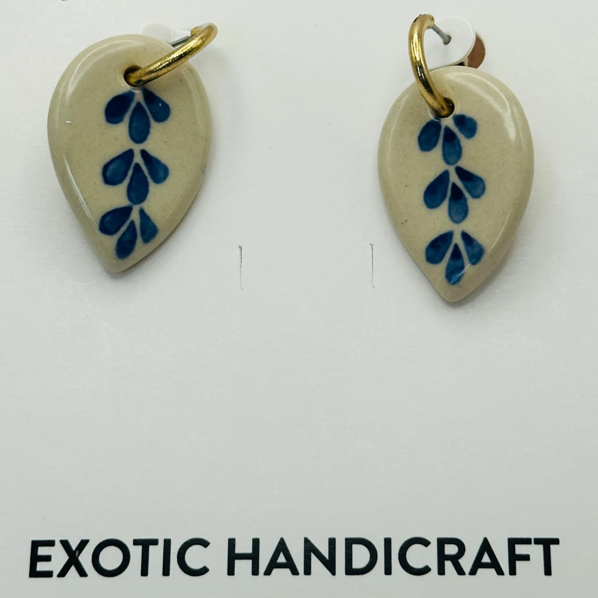 Blue Delft Ceramic Leaf Dangle Gold Earrings