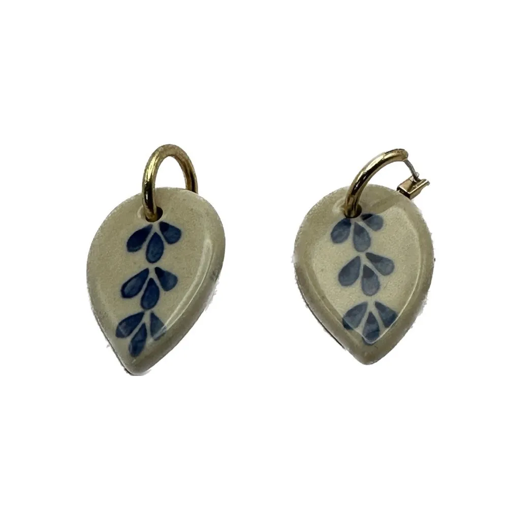 Blue Delft Ceramic Leaf Dangle Gold Earrings