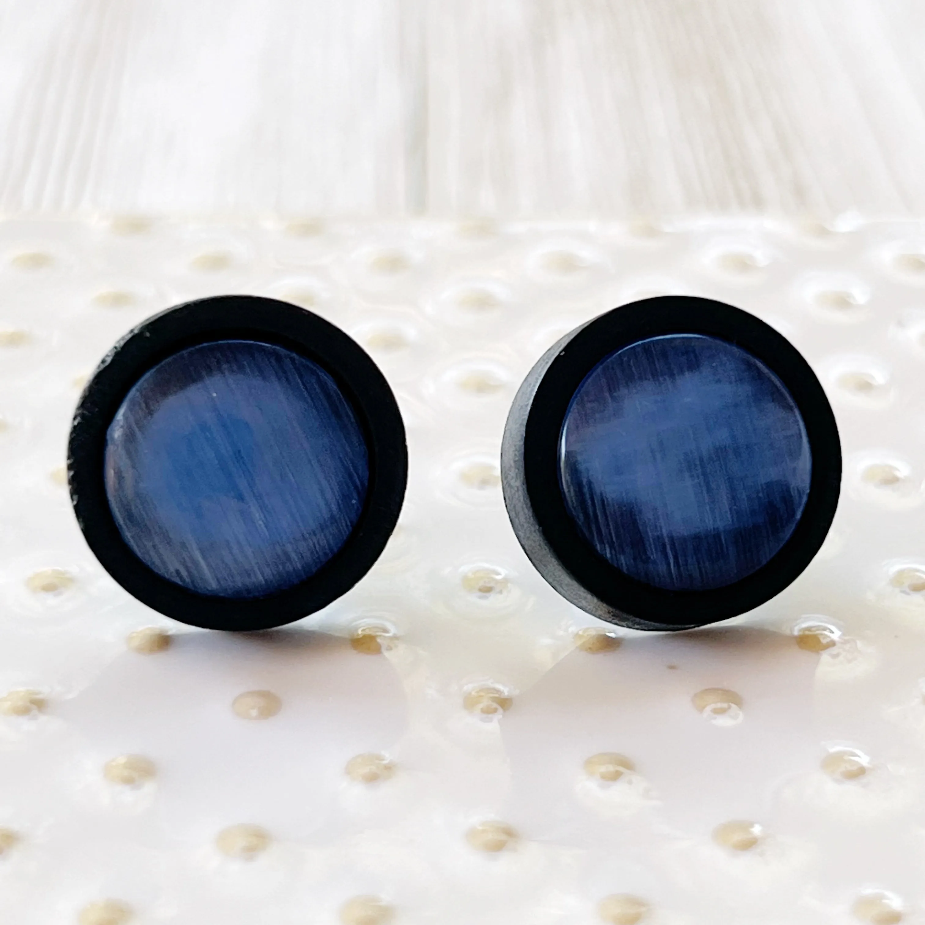 Blue Glass Black Wood Unisex Stud Earrings - Stylish & Versatile Accessories