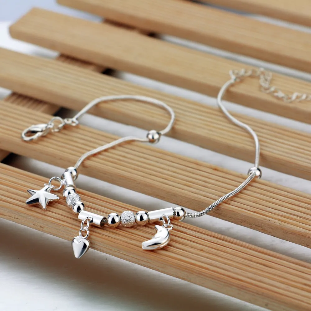 Bohemia Sweet Simple Stars Moon Heart Anklet Sterling Silver