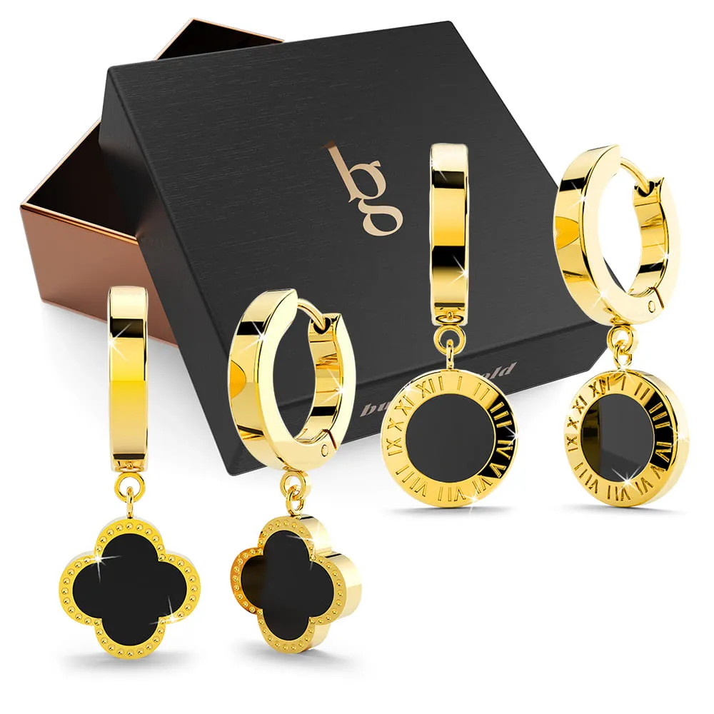 Boxed 2 Pairs of Luxurious Earrings Set in Black Onyx with Gold Layered