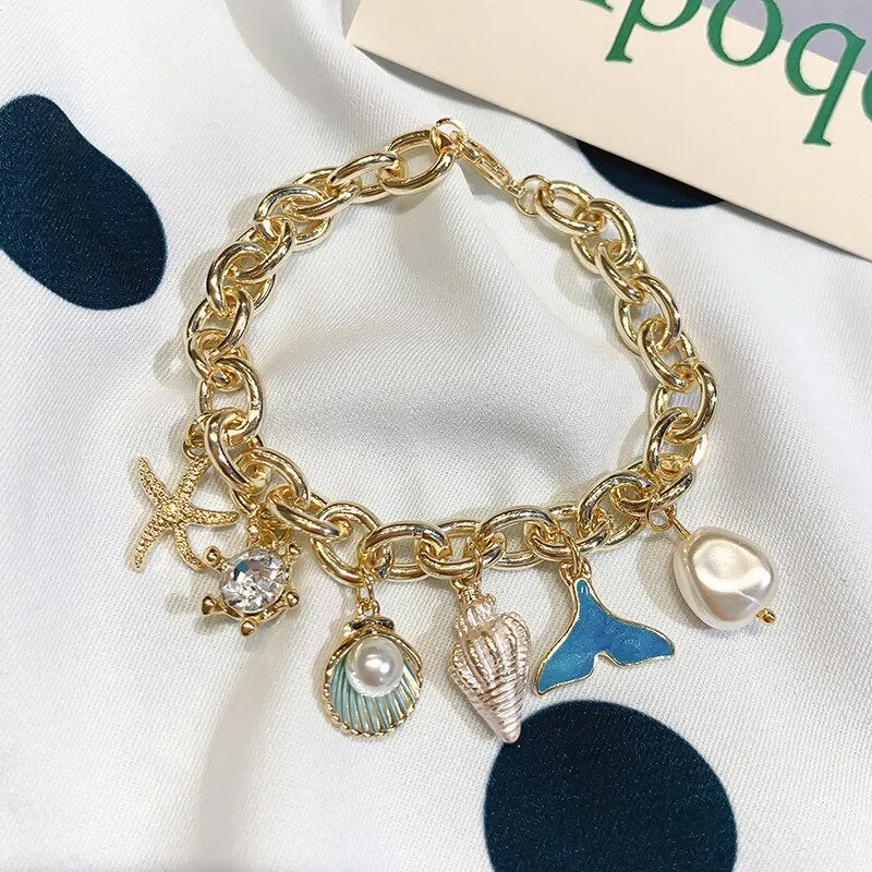 Bracelet for Women Fashion Shell Pearl Pendant Bracelet Light Luxury Double Crystal Bracelet Jewelry Accessories Wholesale