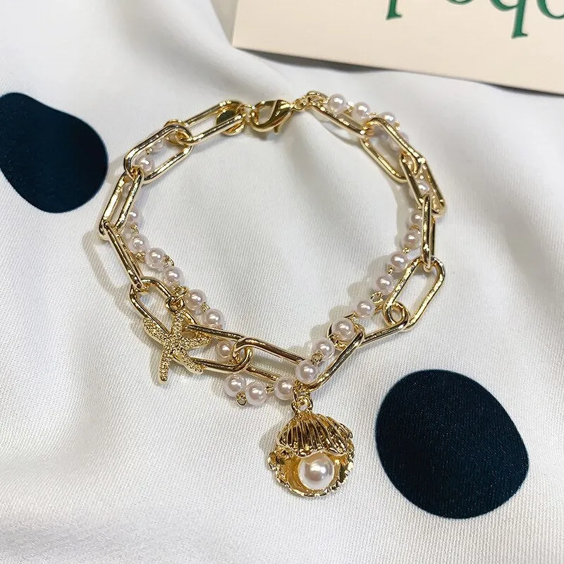 Bracelet for Women Fashion Shell Pearl Pendant Bracelet Light Luxury Double Crystal Bracelet Jewelry Accessories Wholesale