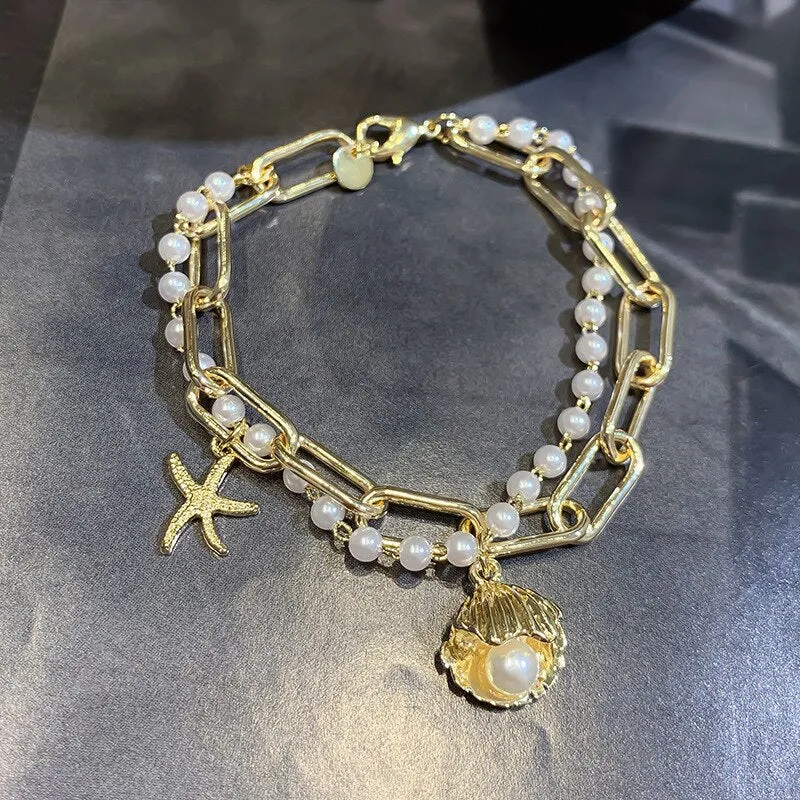 Bracelet for Women Fashion Shell Pearl Pendant Bracelet Light Luxury Double Crystal Bracelet Jewelry Accessories Wholesale