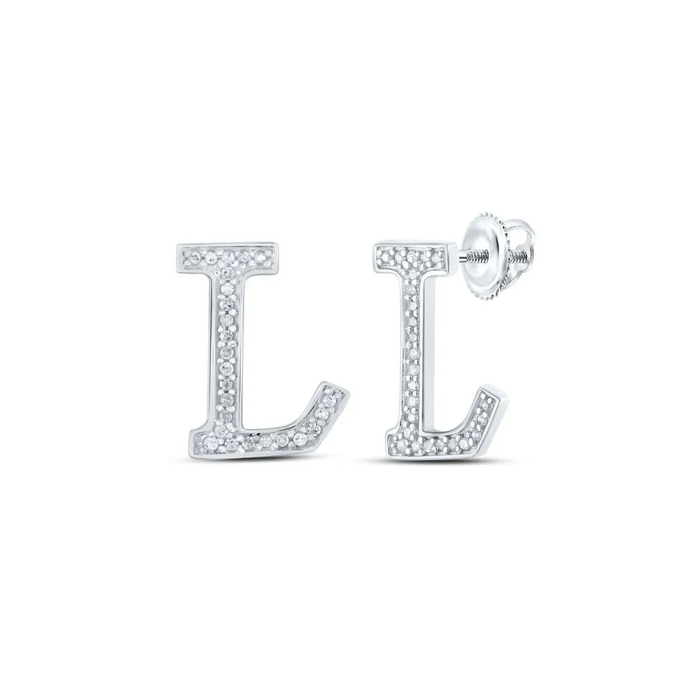 Captivating Initial Brilliance: 10kt White Gold Womens Round Diamond L Initial Letter Earrings 1/10 Cttw