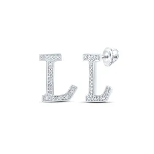 Captivating Initial Brilliance: 10kt White Gold Womens Round Diamond L Initial Letter Earrings 1/10 Cttw