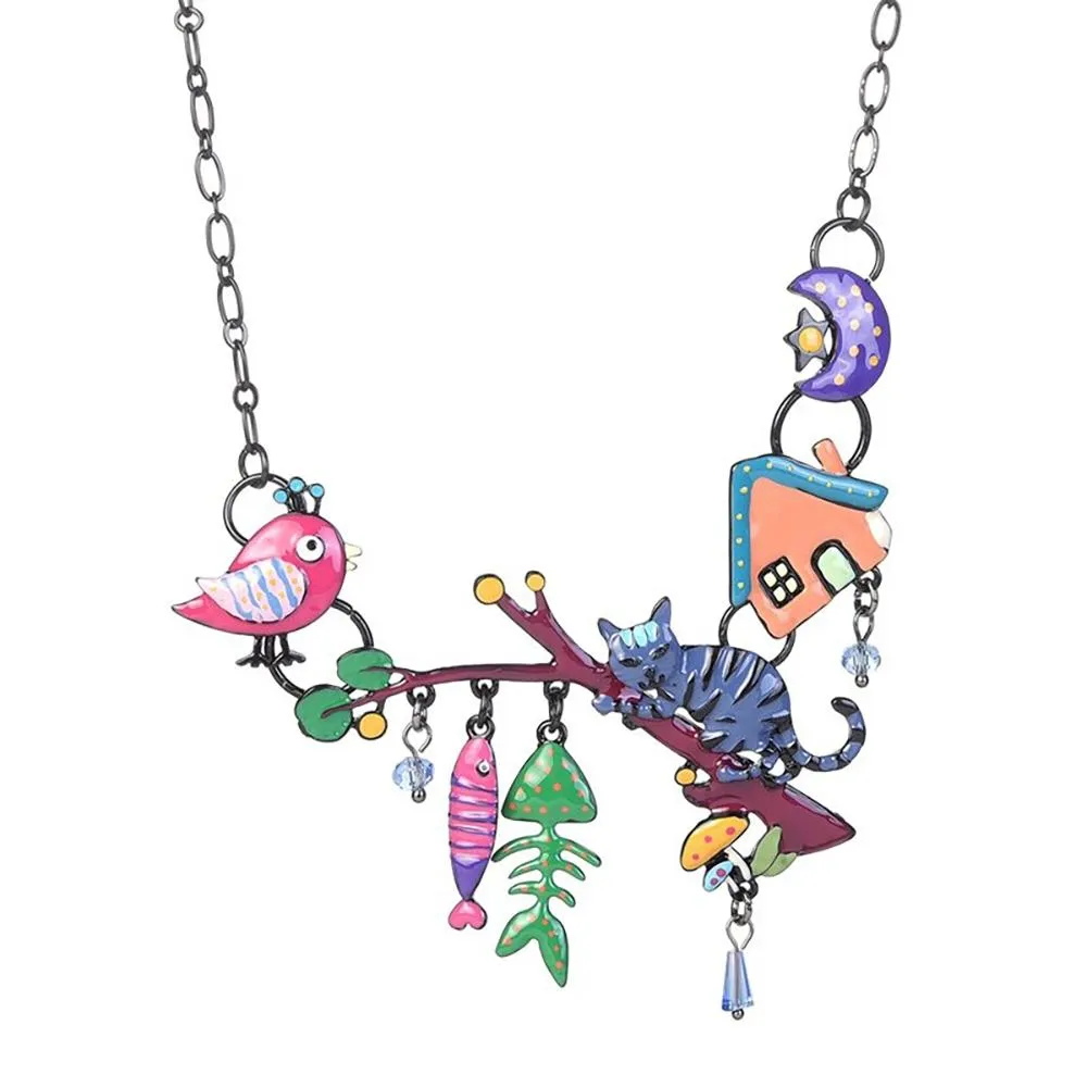 Cat with Fish Bone and Bird Enamel Pendant Necklace