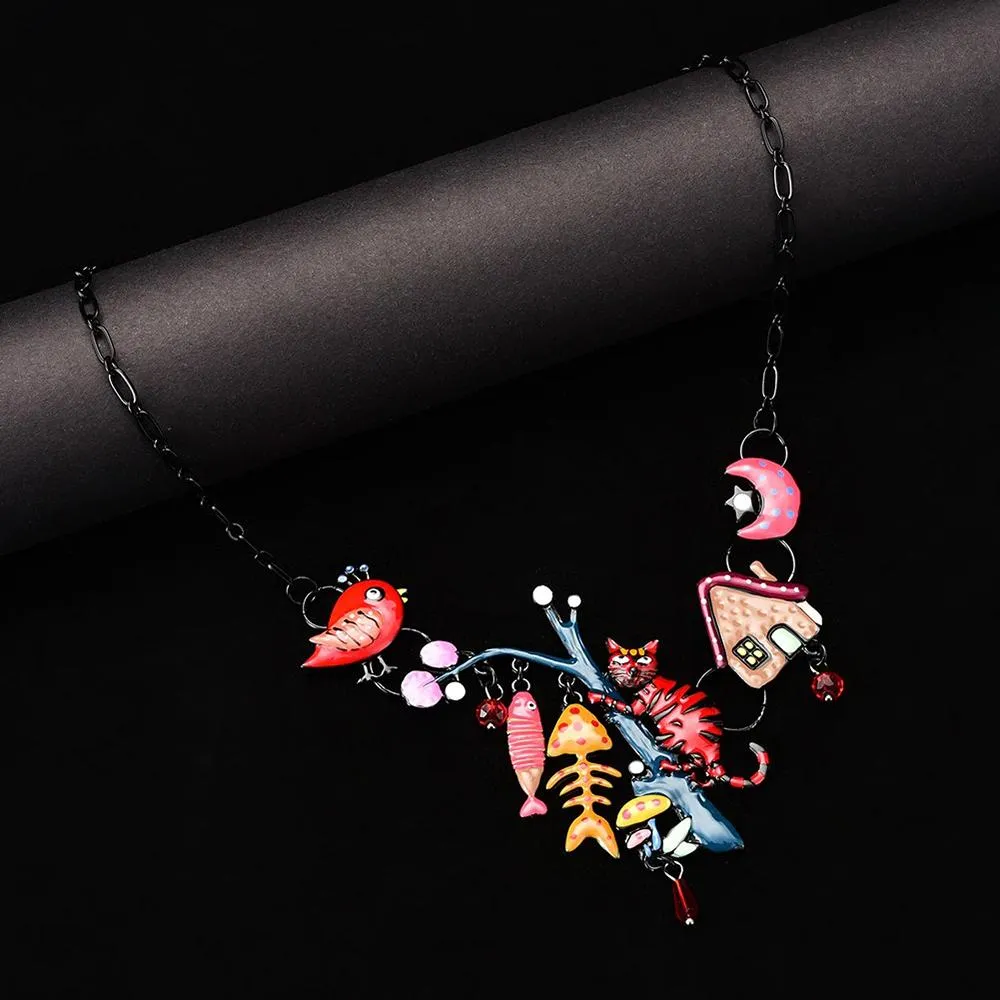Cat with Fish Bone and Bird Enamel Pendant Necklace