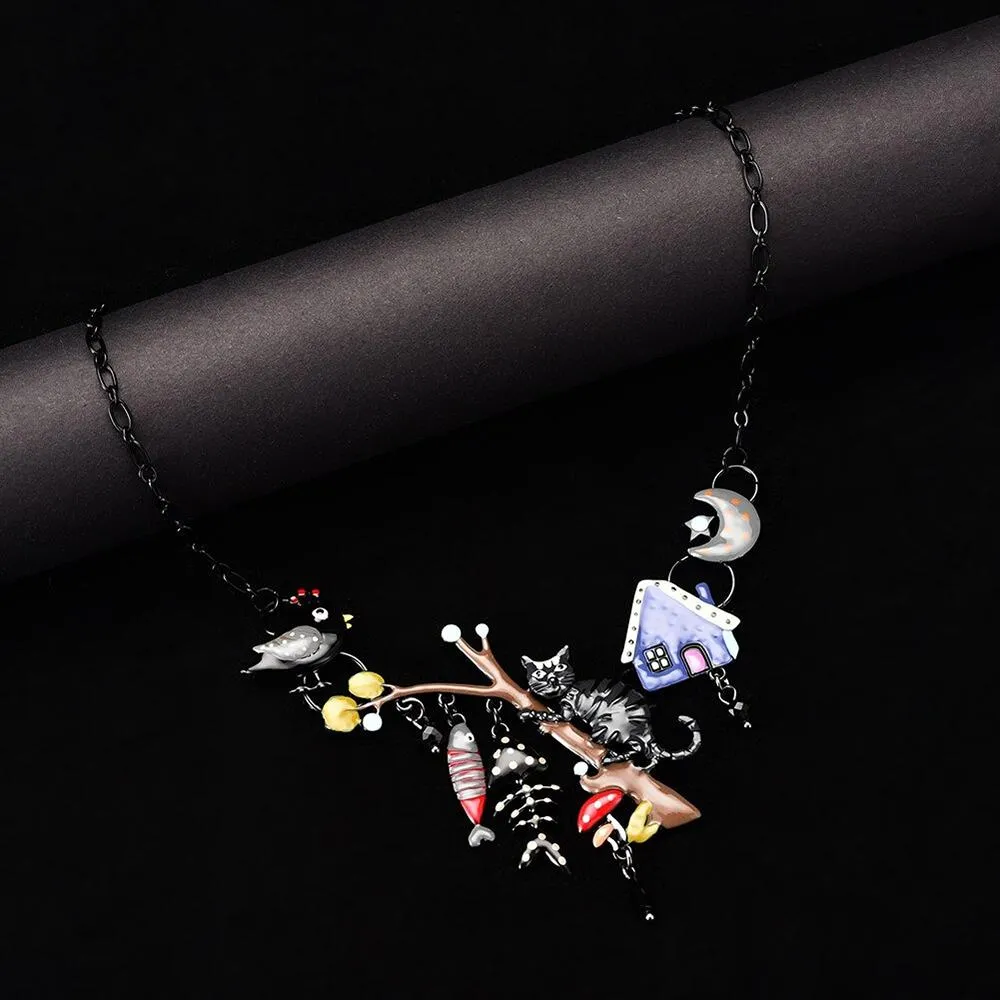 Cat with Fish Bone and Bird Enamel Pendant Necklace