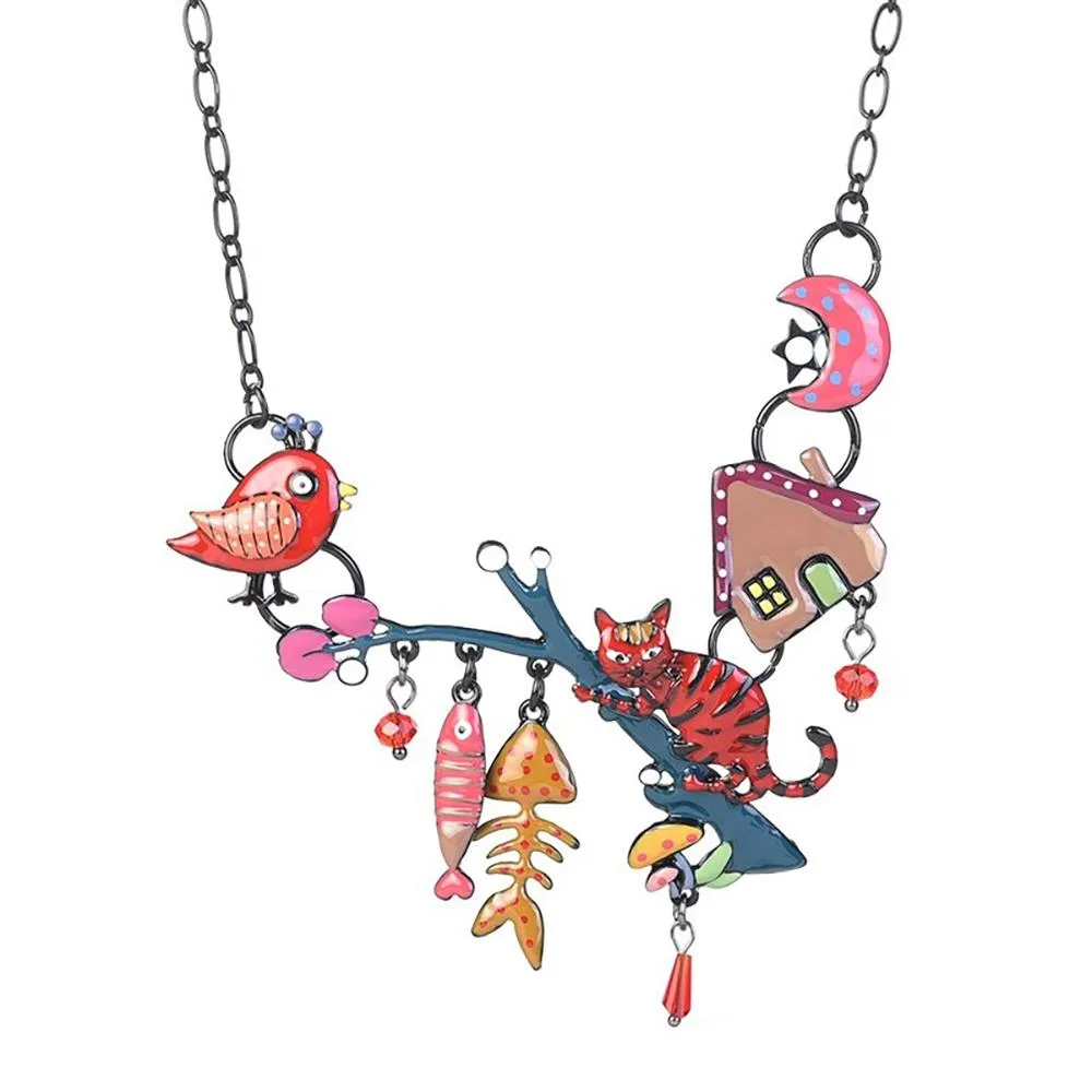 Cat with Fish Bone and Bird Enamel Pendant Necklace