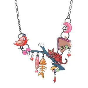 Cat with Fish Bone and Bird Enamel Pendant Necklace