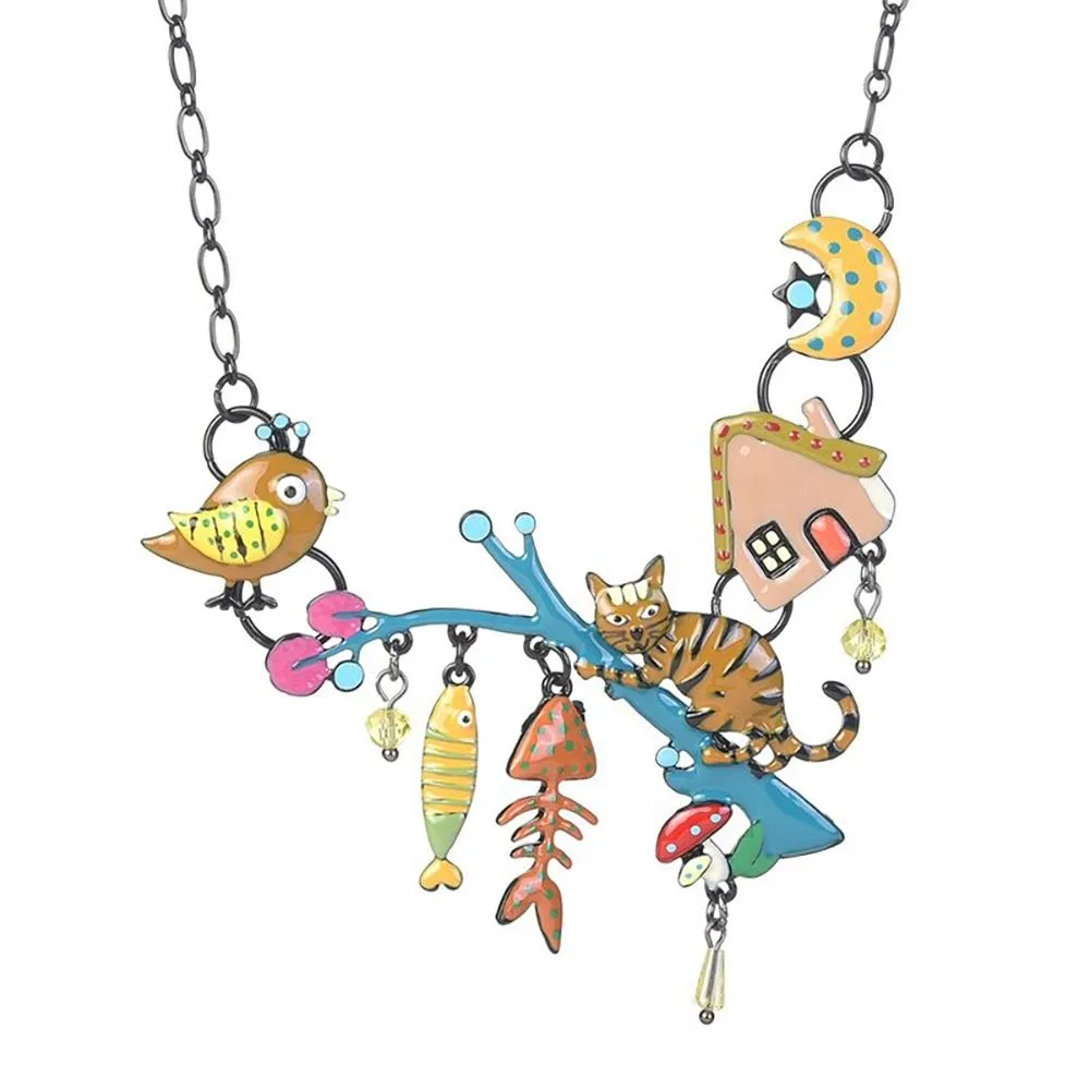 Cat with Fish Bone and Bird Enamel Pendant Necklace