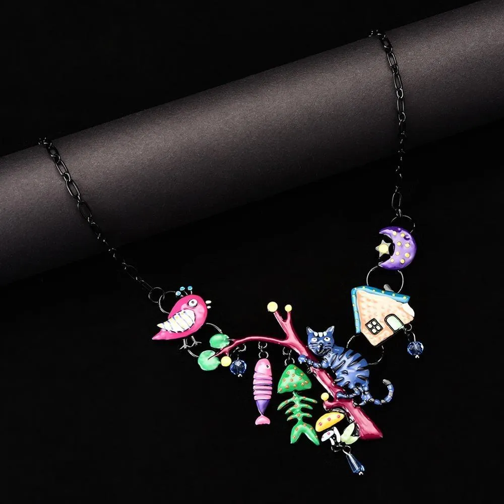 Cat with Fish Bone and Bird Enamel Pendant Necklace