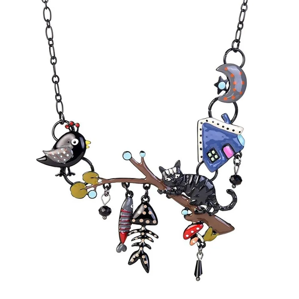 Cat with Fish Bone and Bird Enamel Pendant Necklace