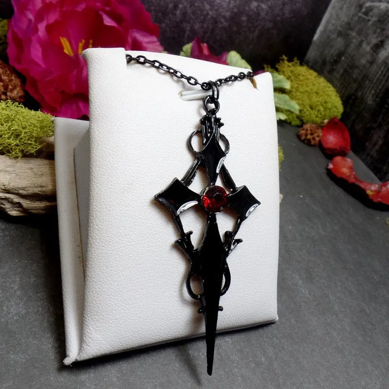 Crimson Cross - Gothic Red Stone Pendant by The Nevermore